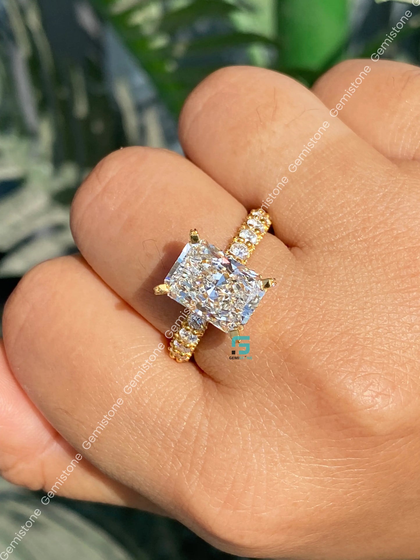 Radiant Cut Moissanite Side Stone With Hidden Halo Ring For Her