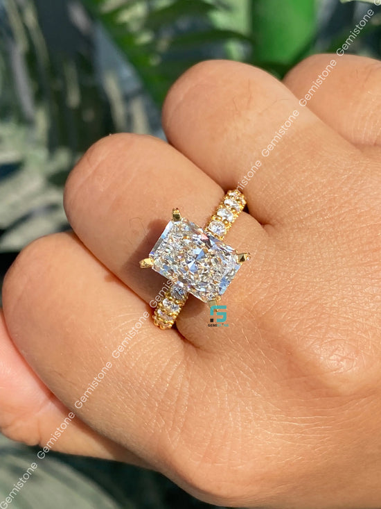 Radiant Cut Moissanite Side Stone With Hidden Halo Ring For Her