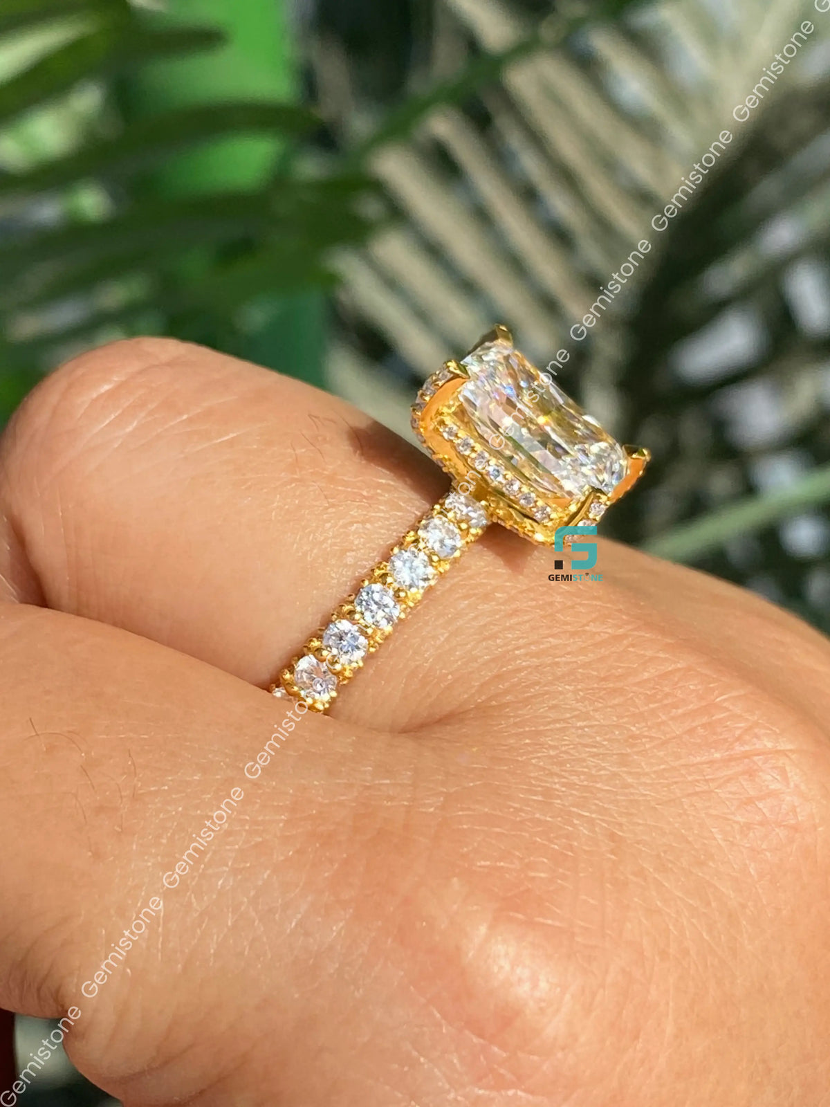 Radiant Cut Moissanite Side Stone With Hidden Halo Ring For Women