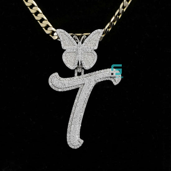 925 Silver Custom Moissanite Iced Butterfly With Diamond T Pendant