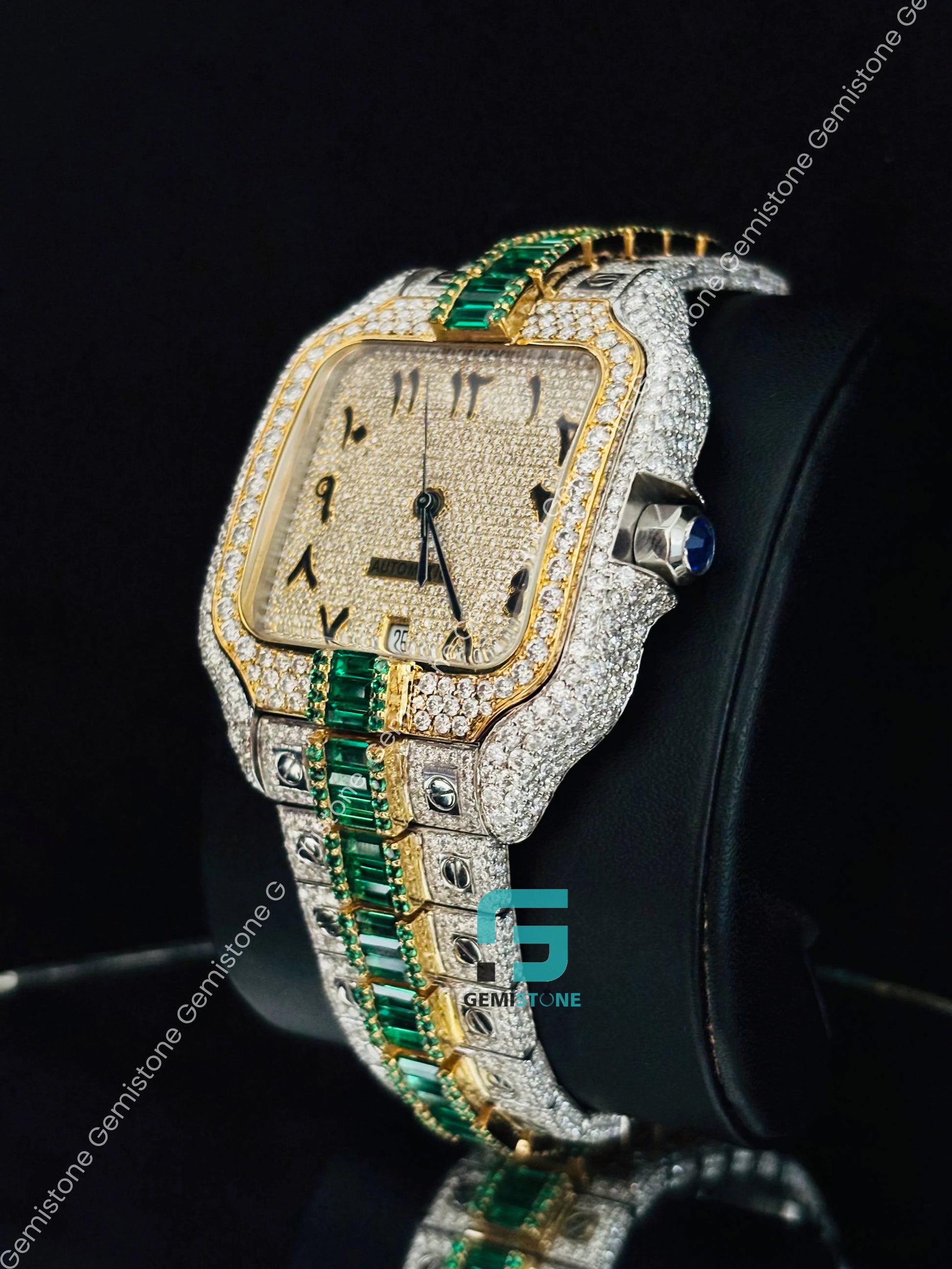 Rapper Green Moissanite Baguette and Round Moissanite Watch