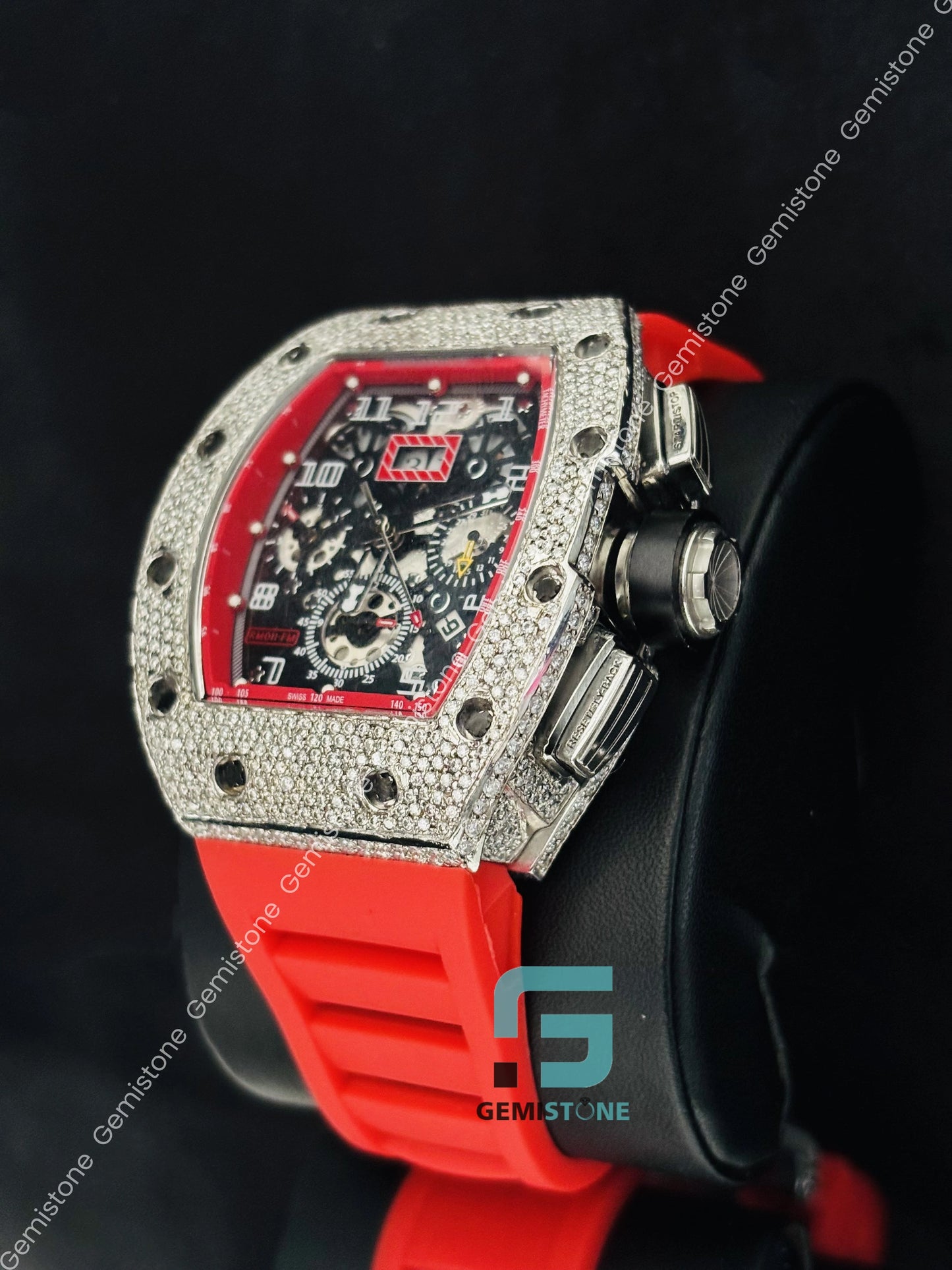 Rappers Moissanite Hip Hop Red Silicon Belt Watch