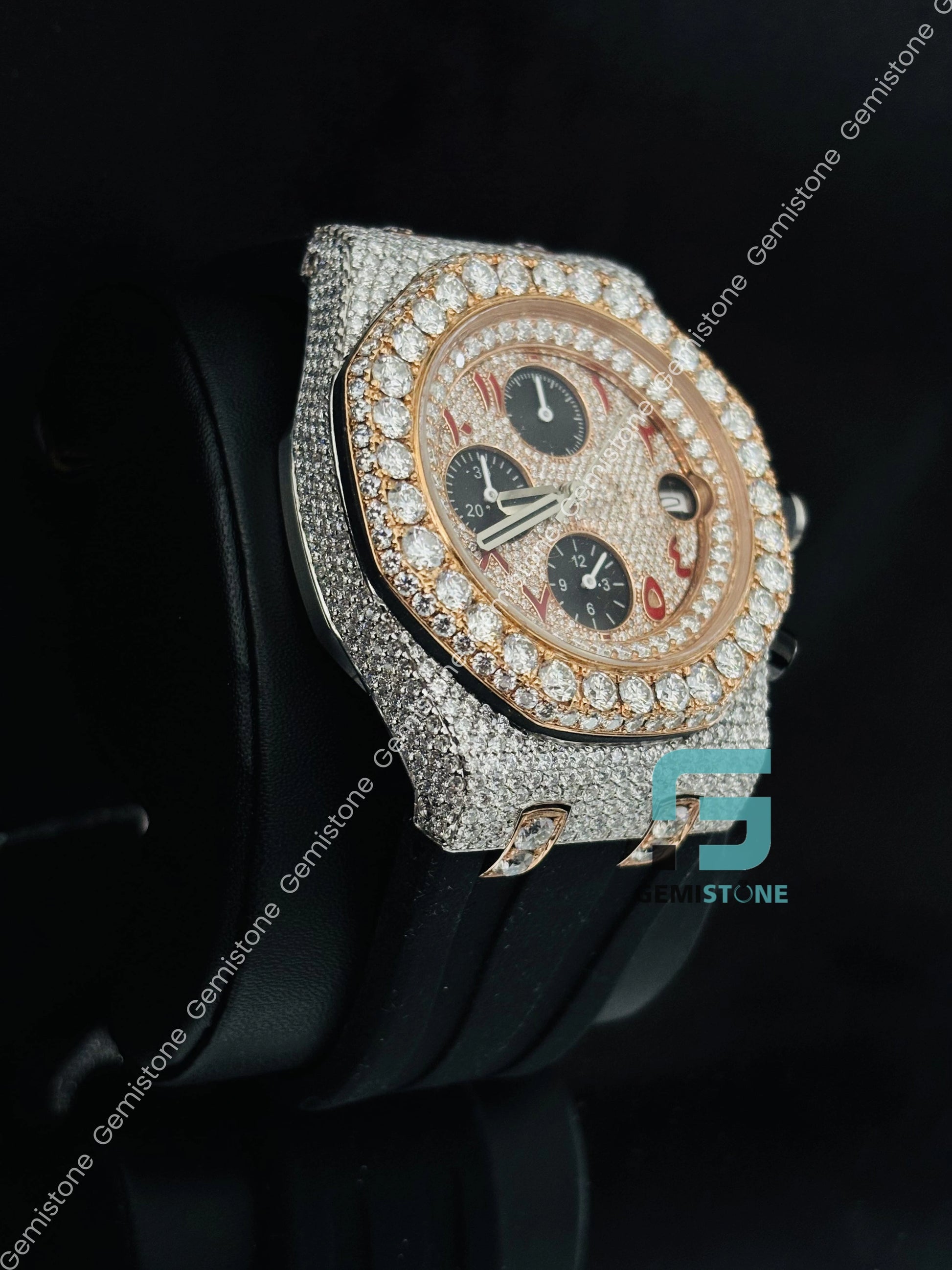 Red Arabic number Chronograph Moissanite Bust Down Watch