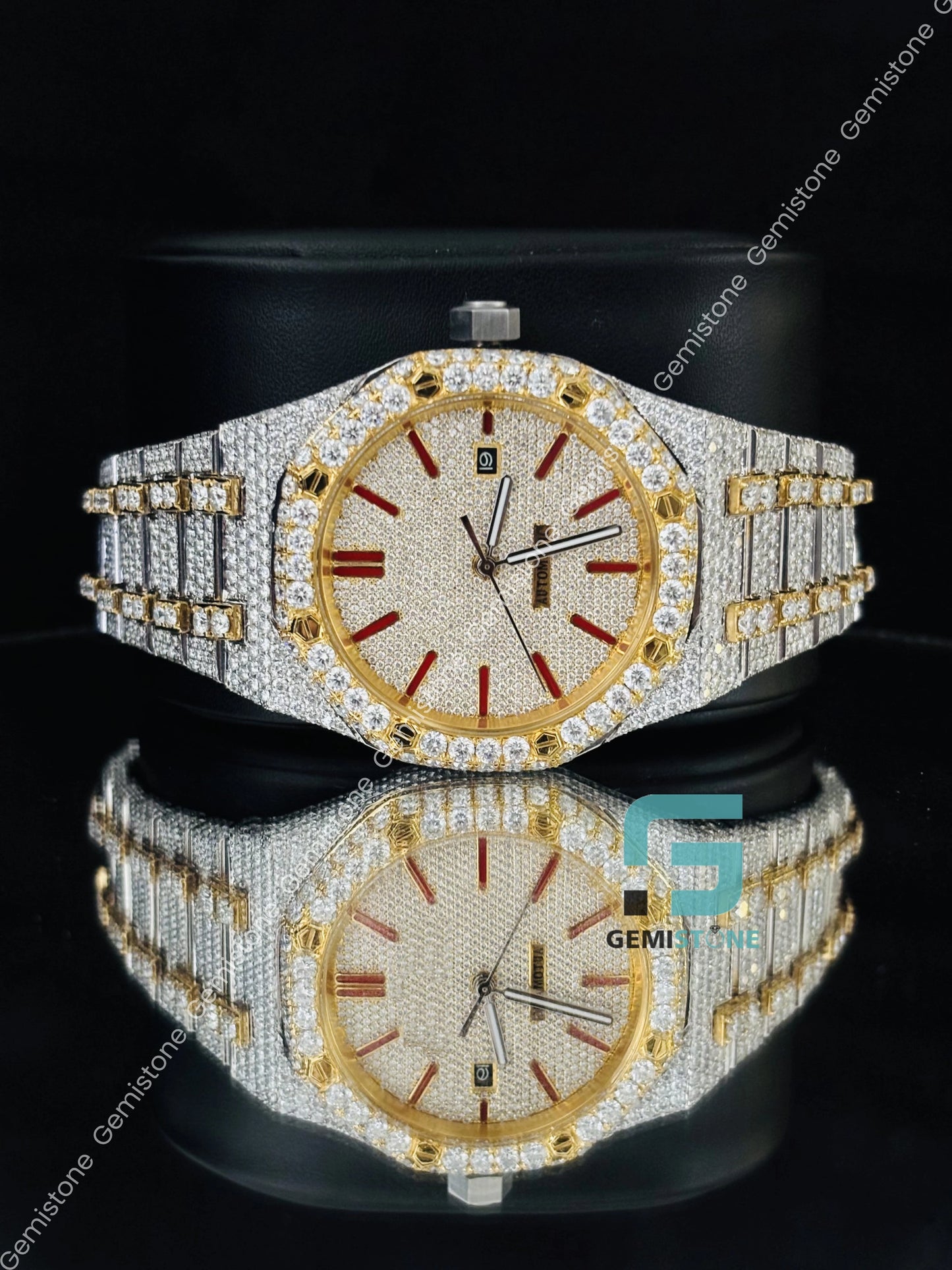 Red Baguette Bar Fully Studded Iced Out  Watch