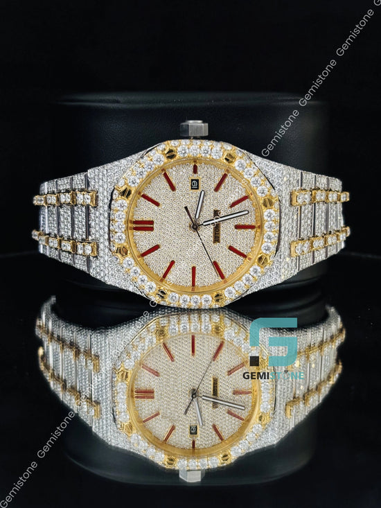 Red Baguette Bar Fully Studded Iced Out  Watch