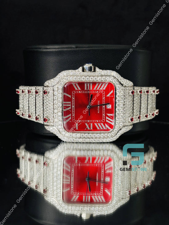 Red Dial Moissanite Cartier Watch For Men
