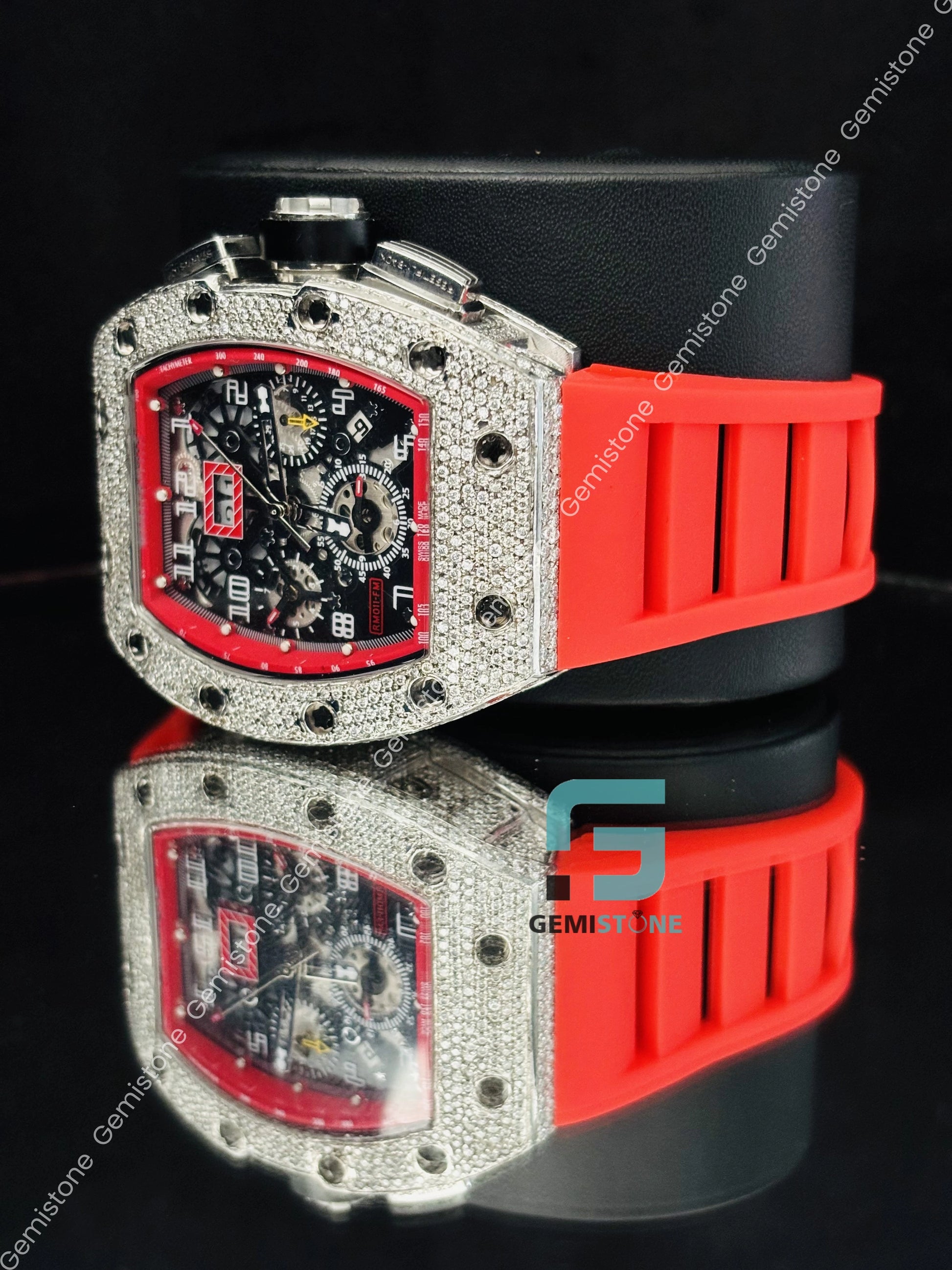 Red Rubber Belt Moissanite Wrist Watch For Men