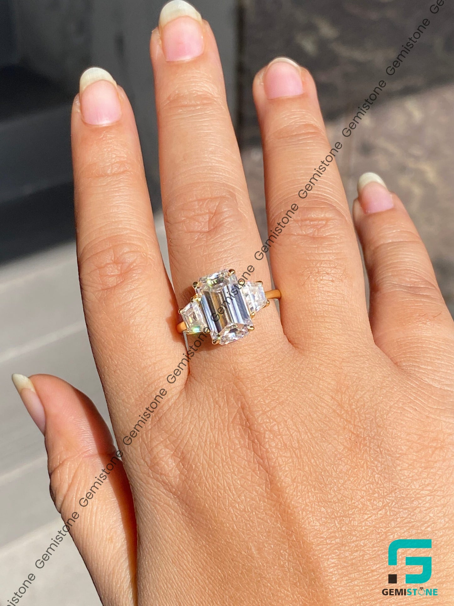 Emerald Cut & Trapezoid Baguette Moissanite Demi Lovato Engagement Ring