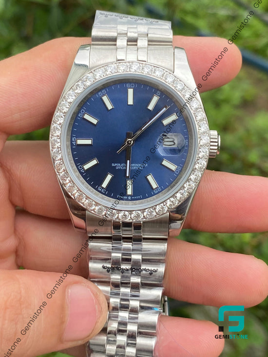 VVS Moissanite Bezel Diamond Intense Blue Dial Date Just Watch
