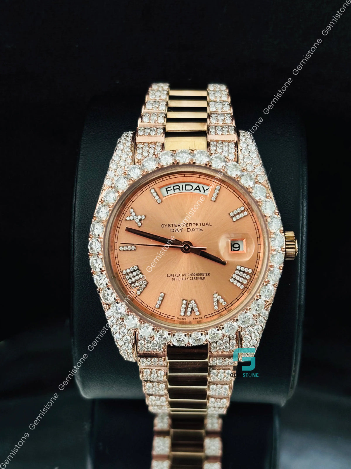 Rolex Studded Roman Number Iced Out Day Date Moissanite Watch 
