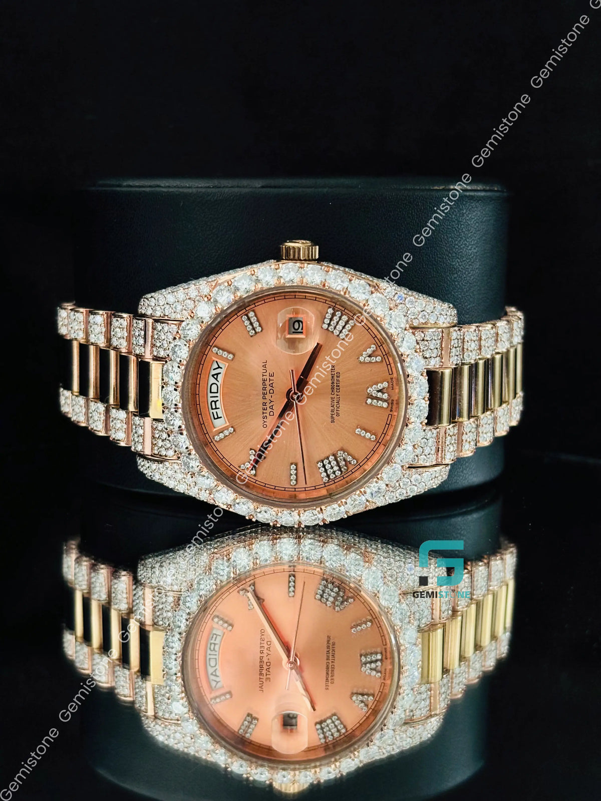 Rolex Studded Roman Number Iced Out Day Date Moissanite Watch For Men