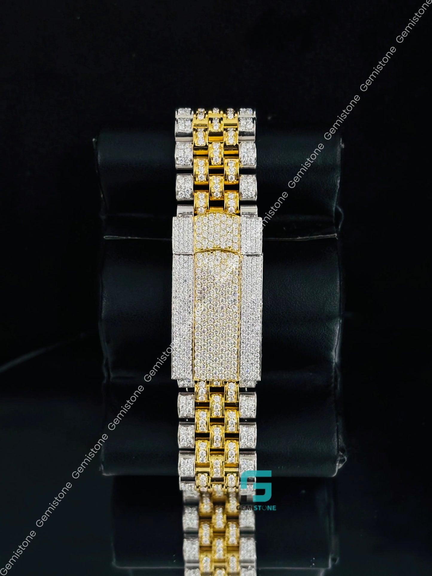 Rolex Yellow Gold Plated Moissanite Diamond Studded Watch 