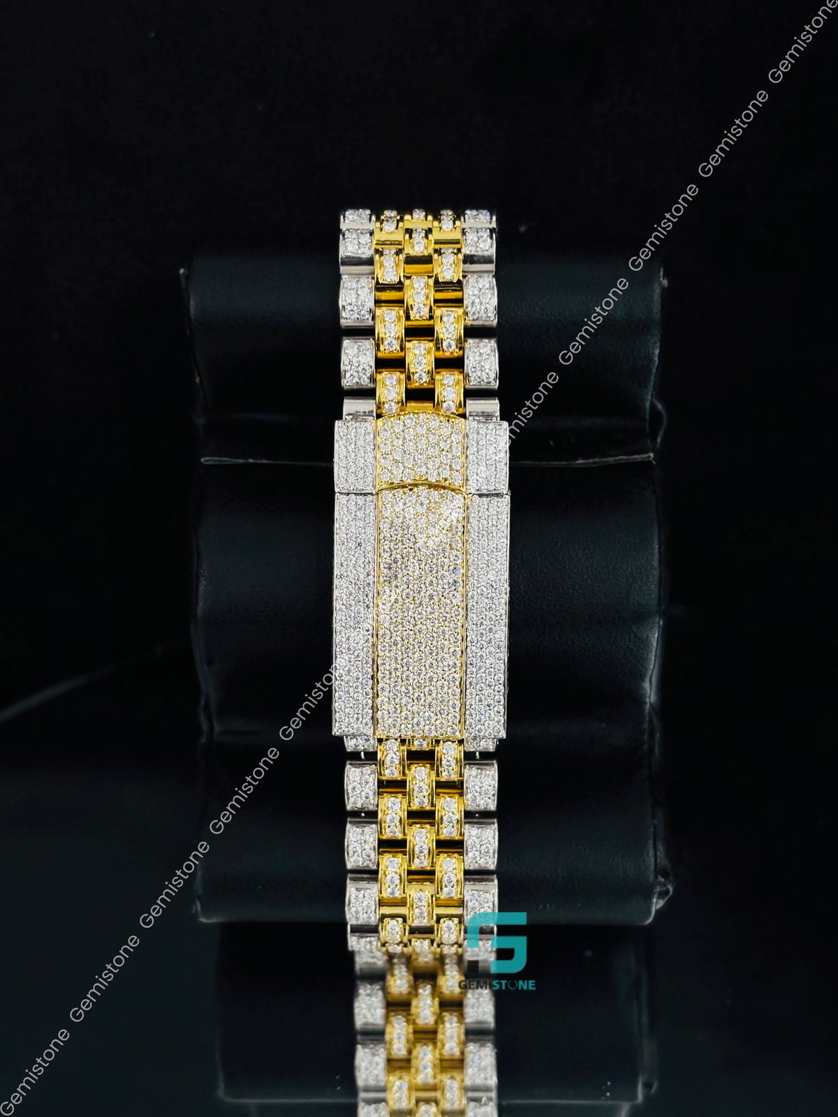 Rolex Yellow Gold Plated Moissanite Diamond Studded Watch 