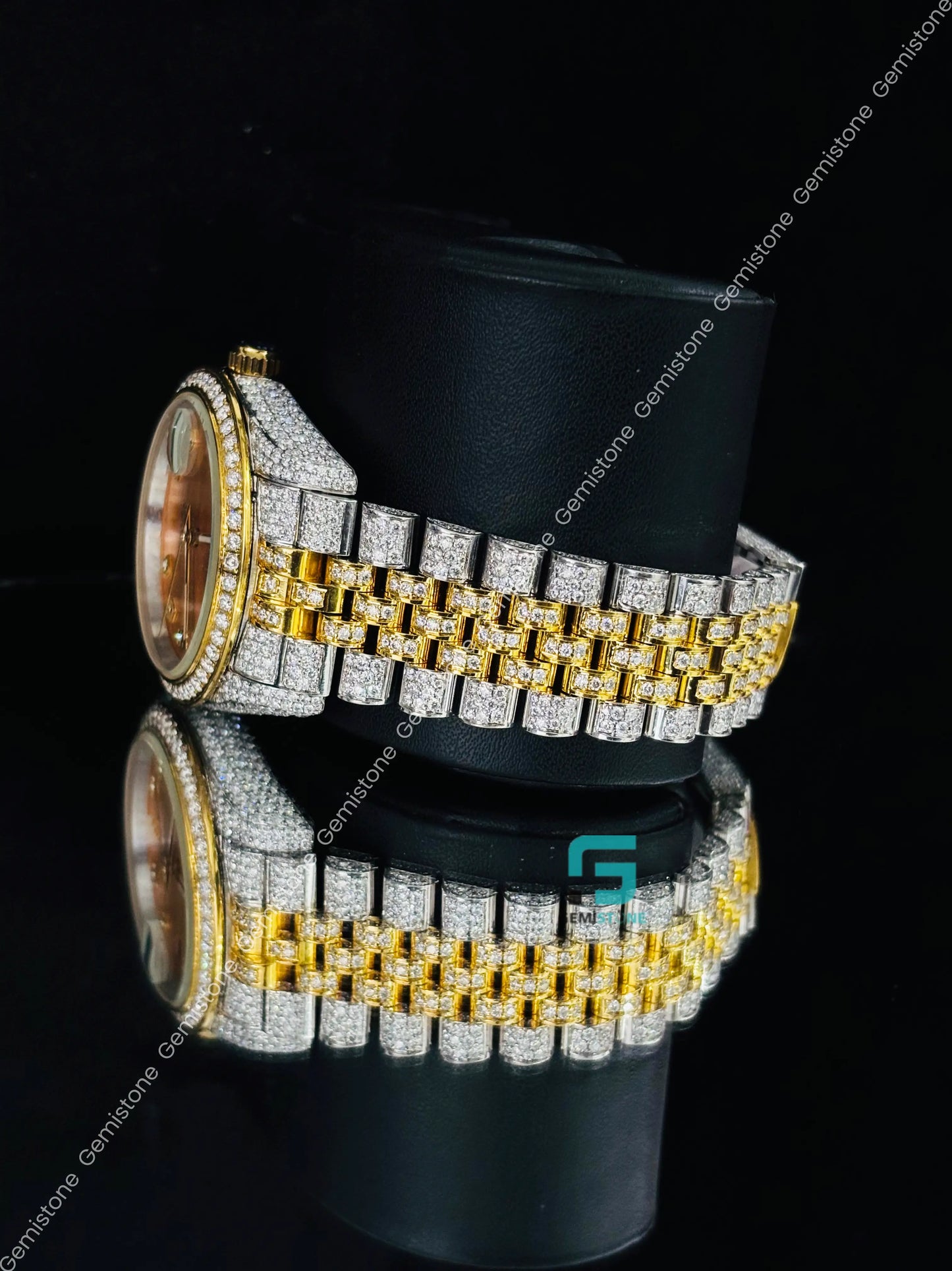 Rolex Yellow Gold Plated Moissanite Diamond Studded Watch For Men