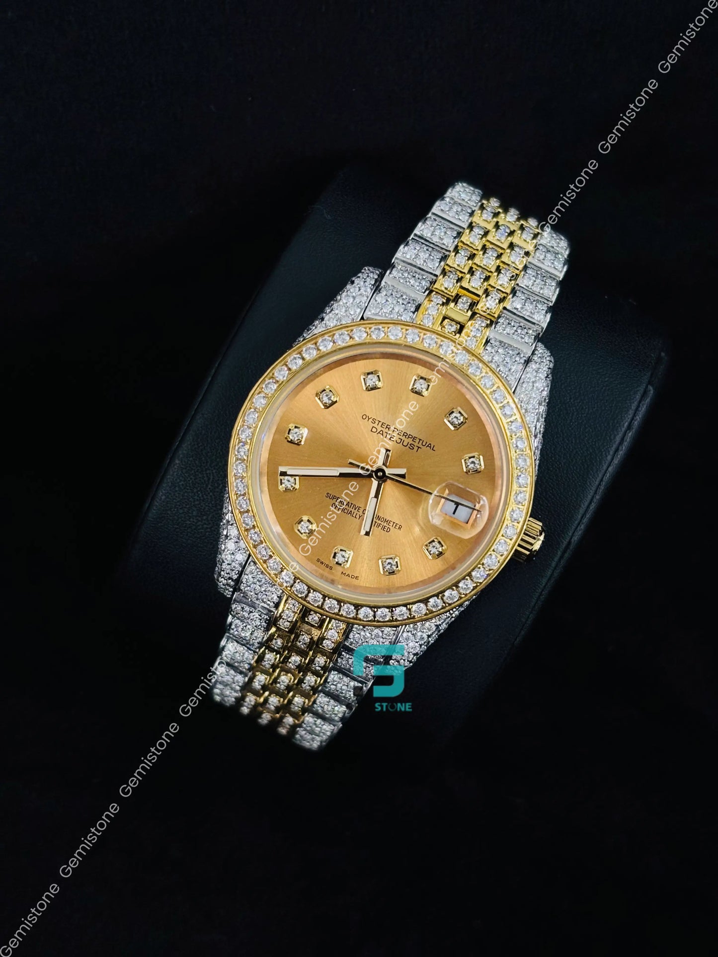 Rolex Yellow Gold Plated Moissanite Diamond Studded Watch For Women_s