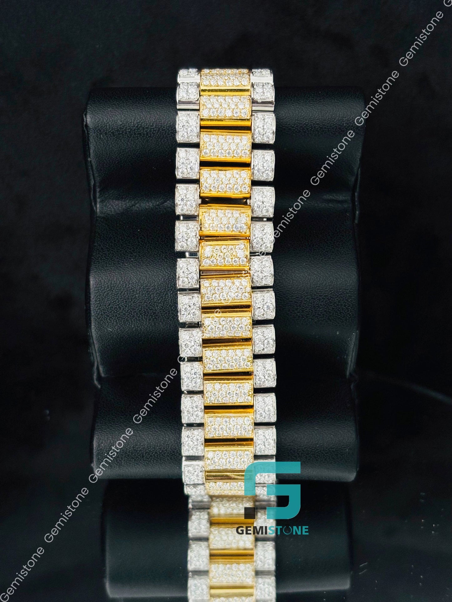 Dual Tone White Dial Roman Number Moissanite Watch