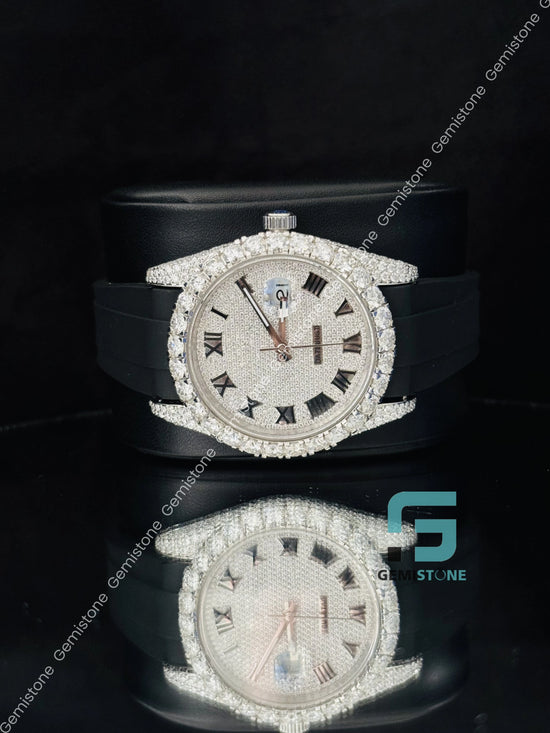 Roman Number Black Rubber Belt Moissanite Watch