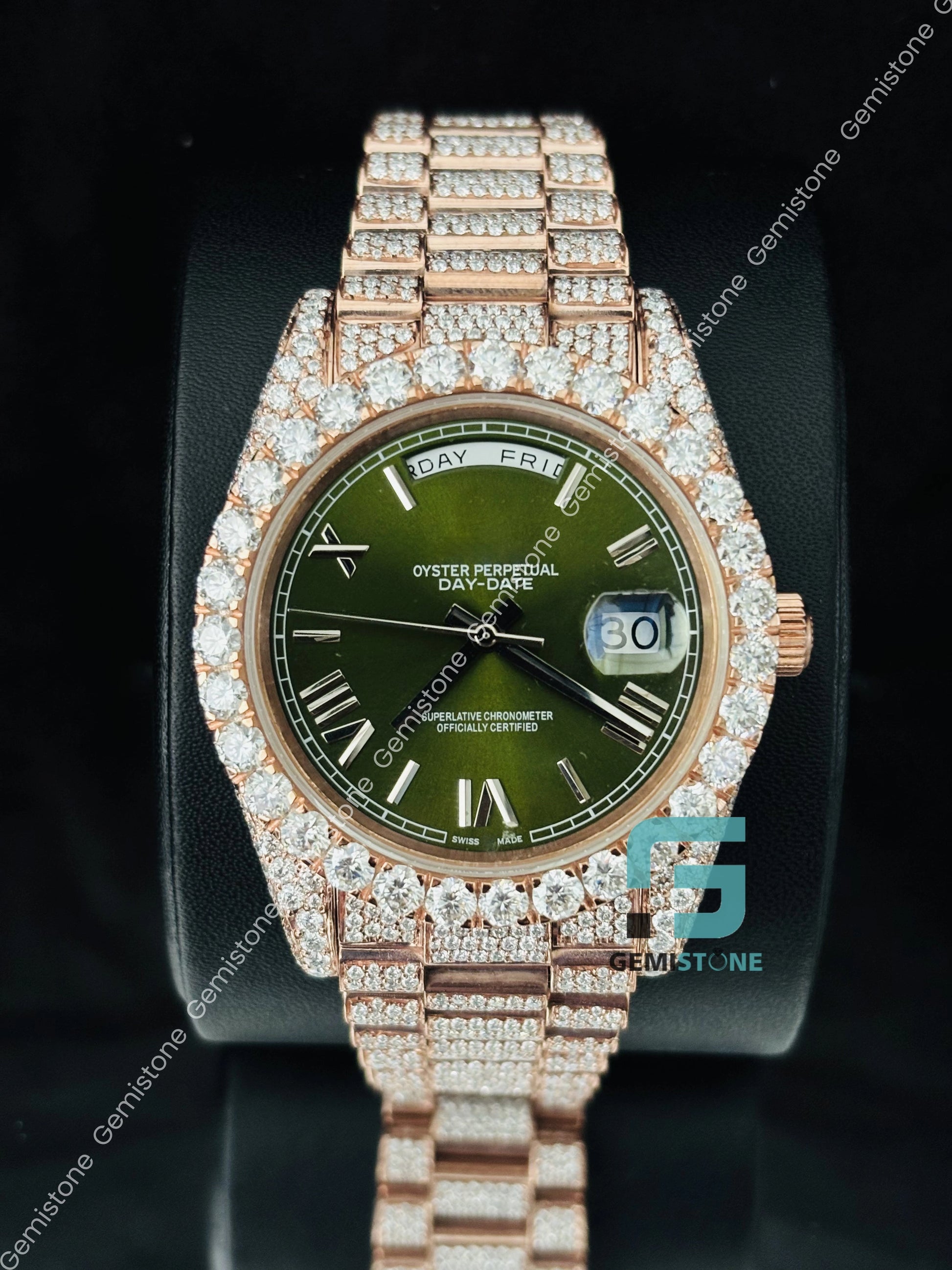 Roman Number Green Dial Day Date Studded Moissanite Watch