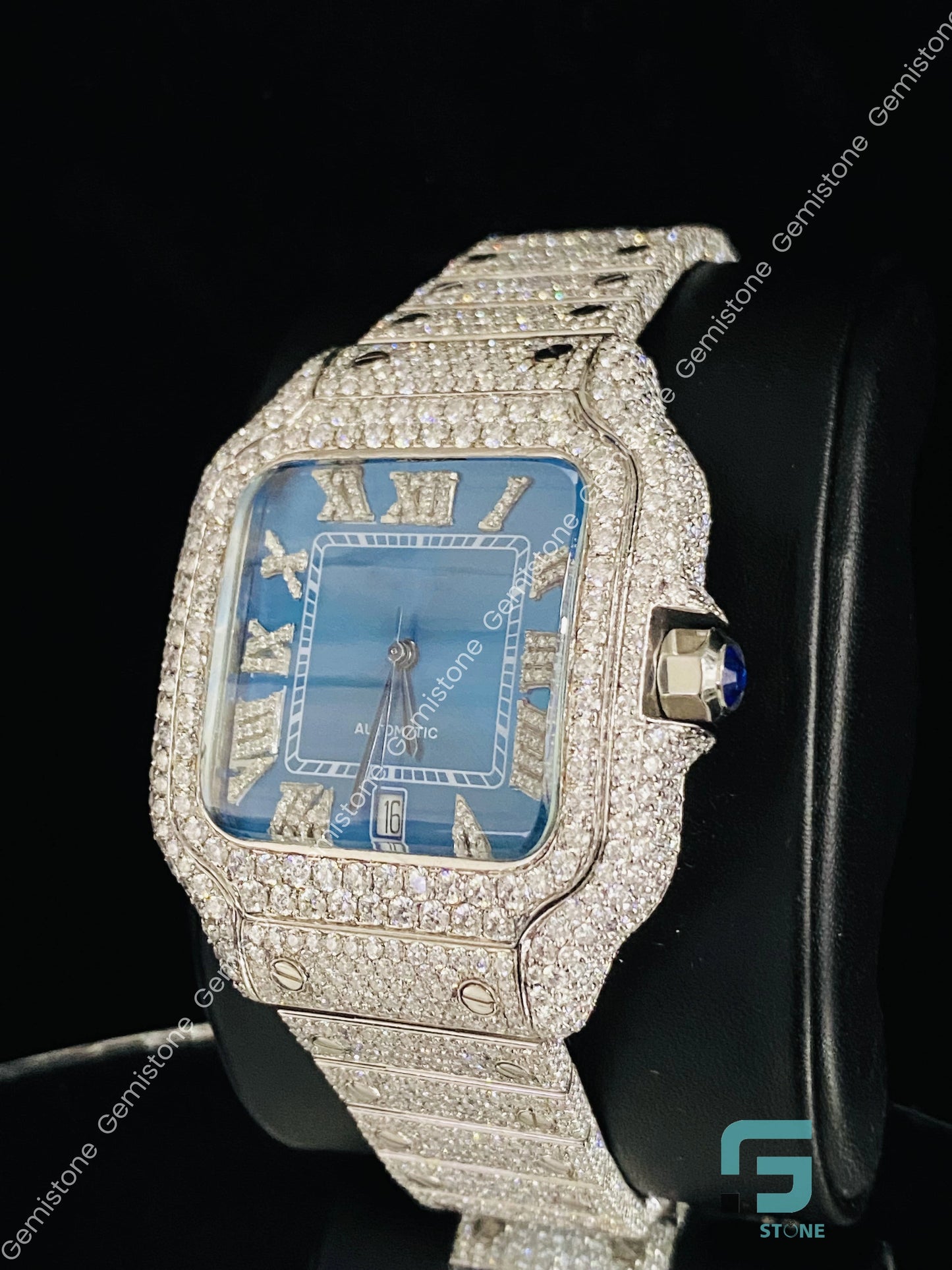 Roman Number Moissanite Aqua Blue Watch