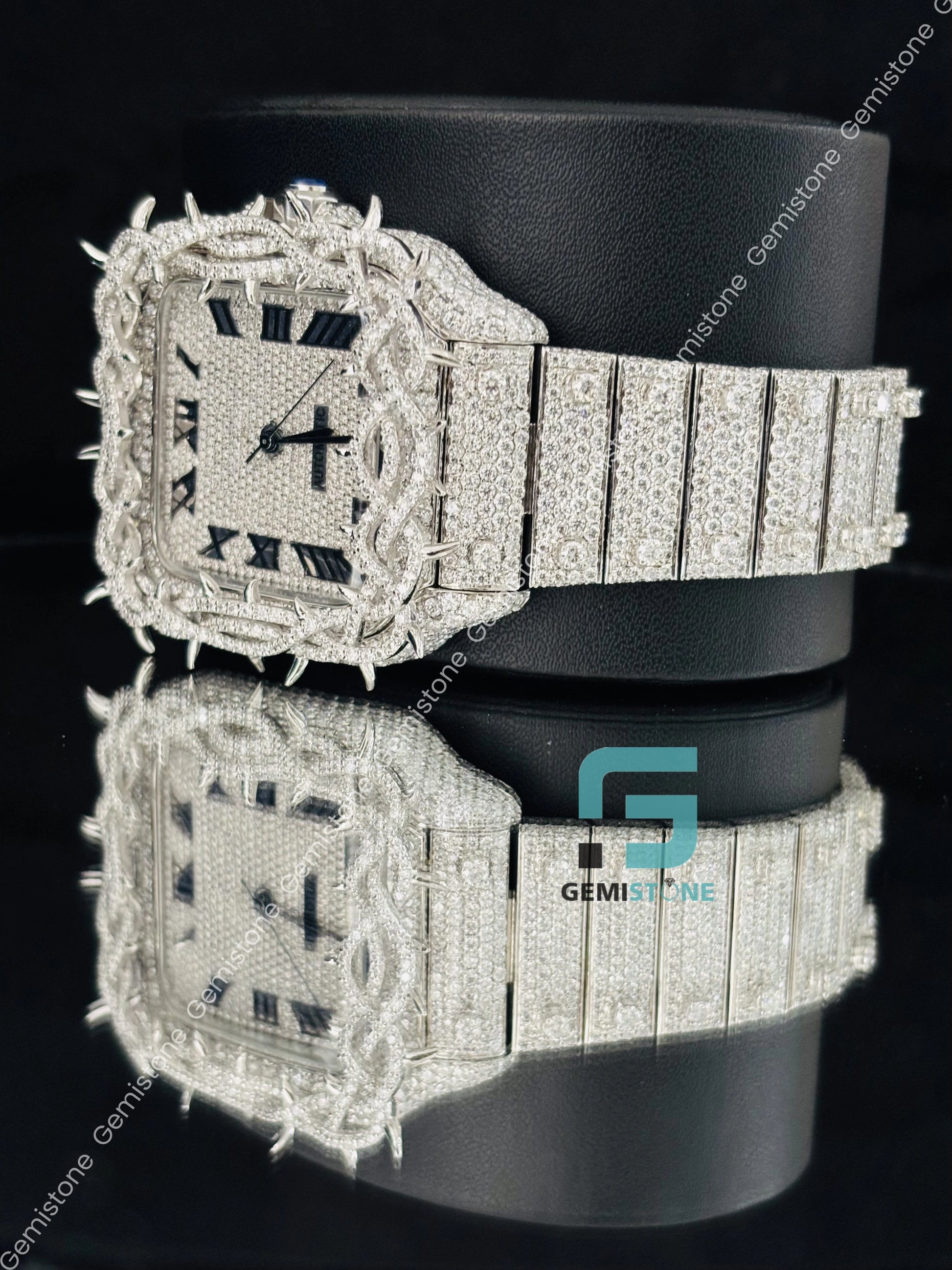 Roman Number Moissanite Fully Studded Thorn Watch For Him
