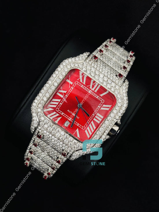 Roman Number Moissanite Red Dial Iced Out Watch