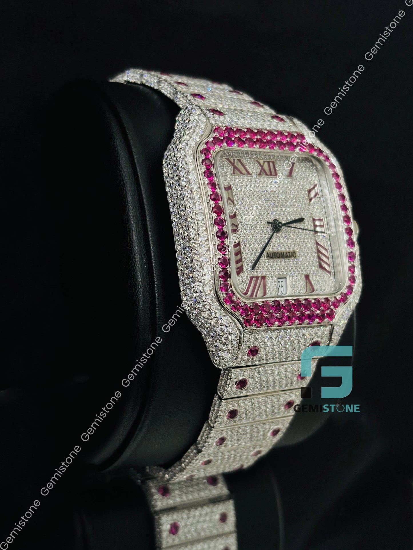 Roman Number Pink Stone Moissanite Iced Out Watch