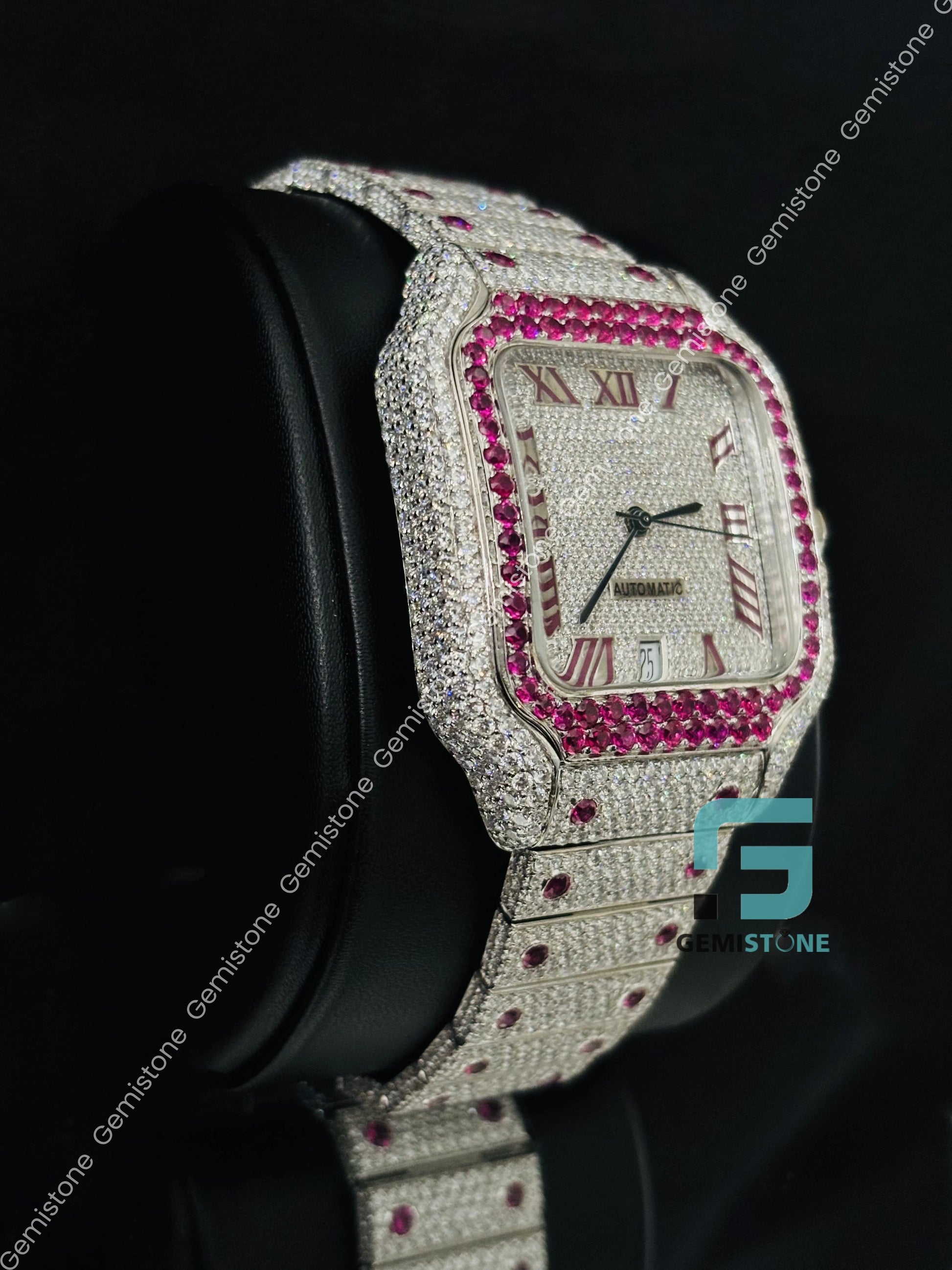 Roman Number Pink Stone Moissanite Iced Out Watch