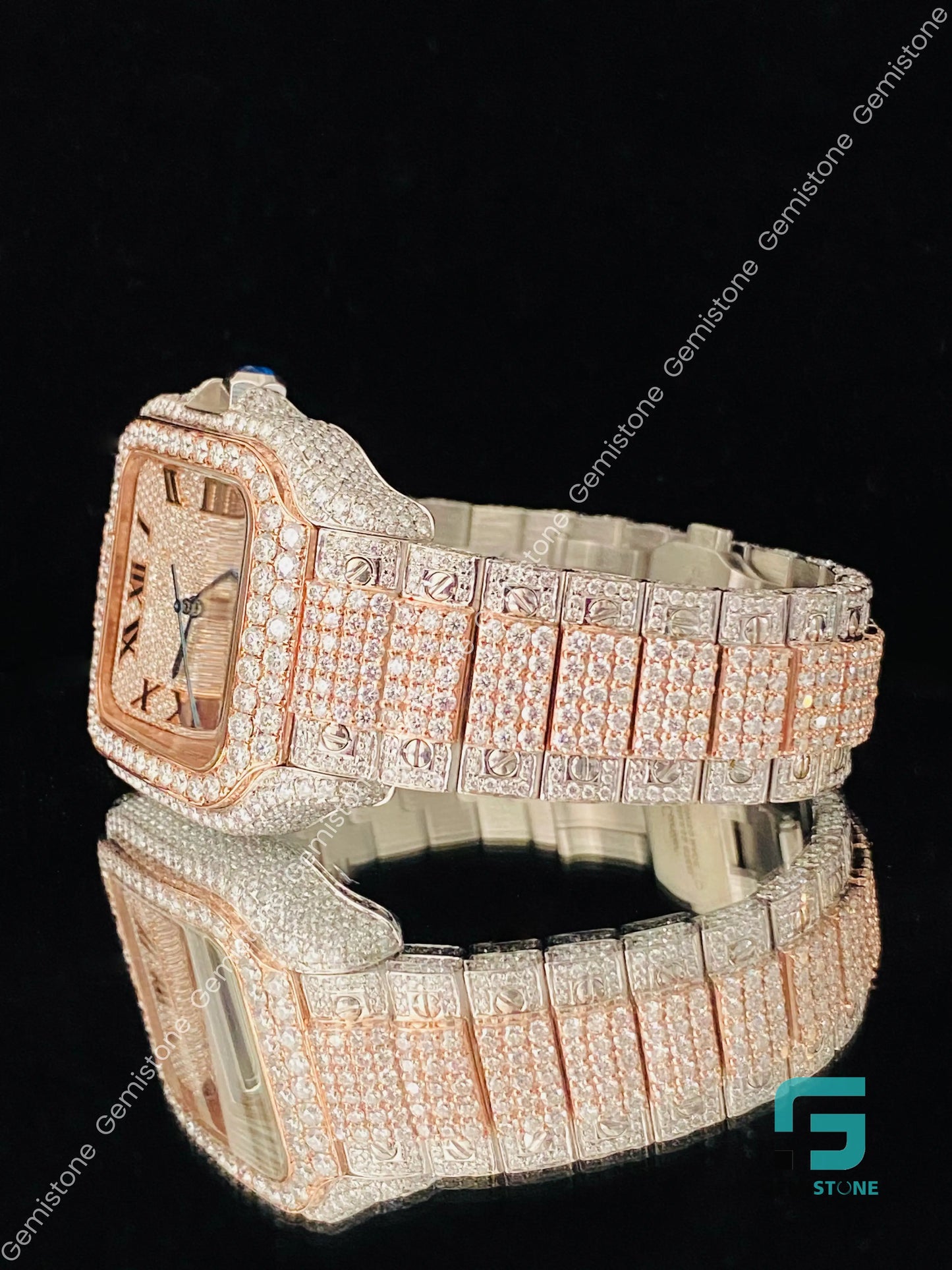 Mens Roman Number Two Tone VVS Moissanite Studded Diamond Watch