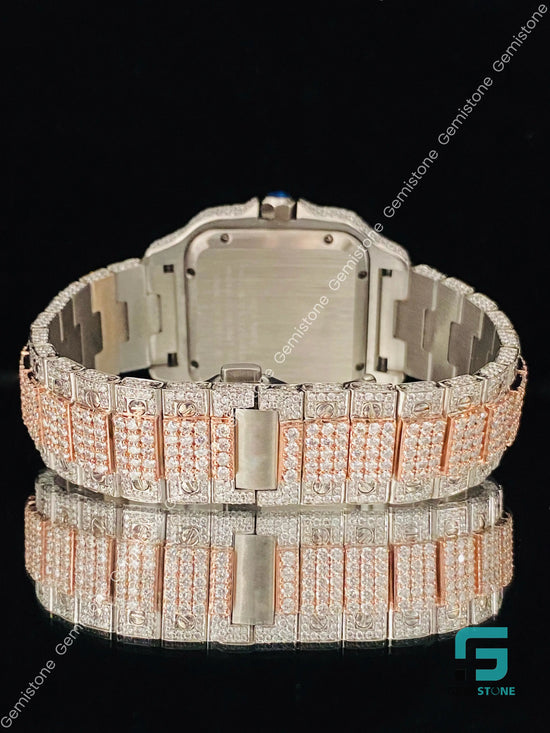 Mens Roman Number Two Tone VVS Moissanite Studded Diamond Watch