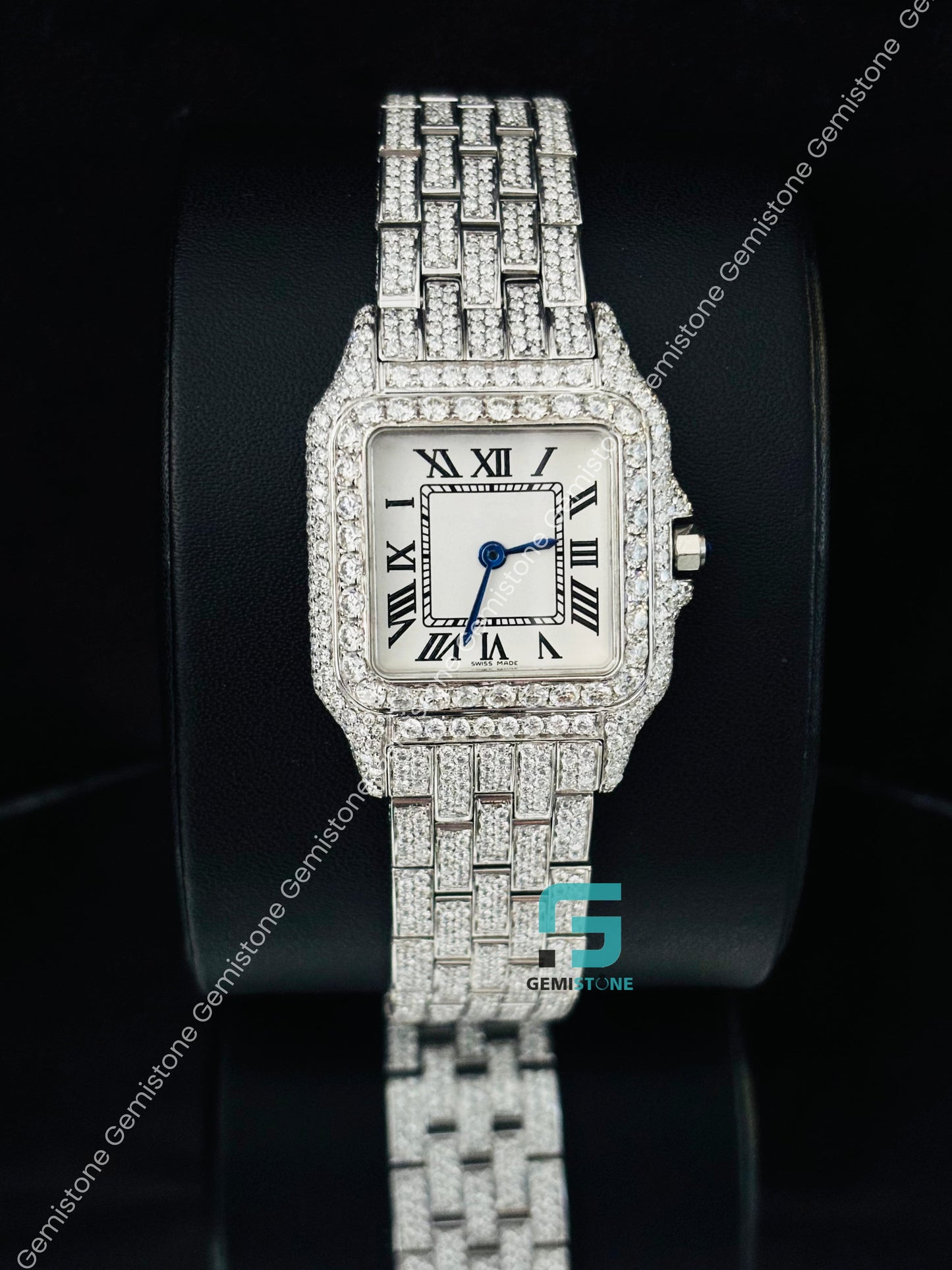 Roman Number White Dial Iced Out Moissanite Watch