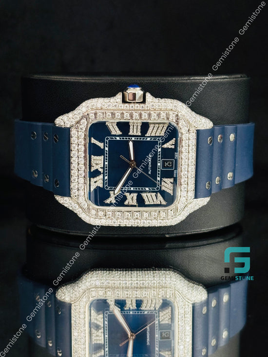 Roman number Dark Blue Moissanite Studded Watch for Men_s