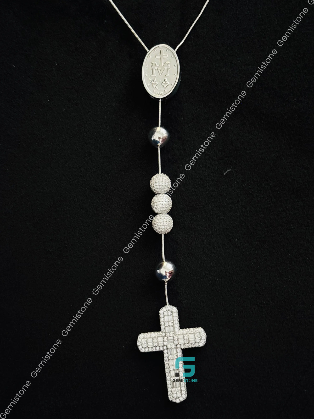 Rosary Beads Moissanite Jesus Iced Out Chain in 925 Silver