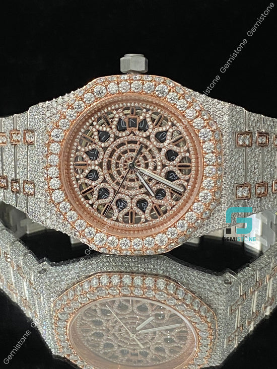 Two Tone Rose Gold Plated Skeleton Dial Moissanite Watch