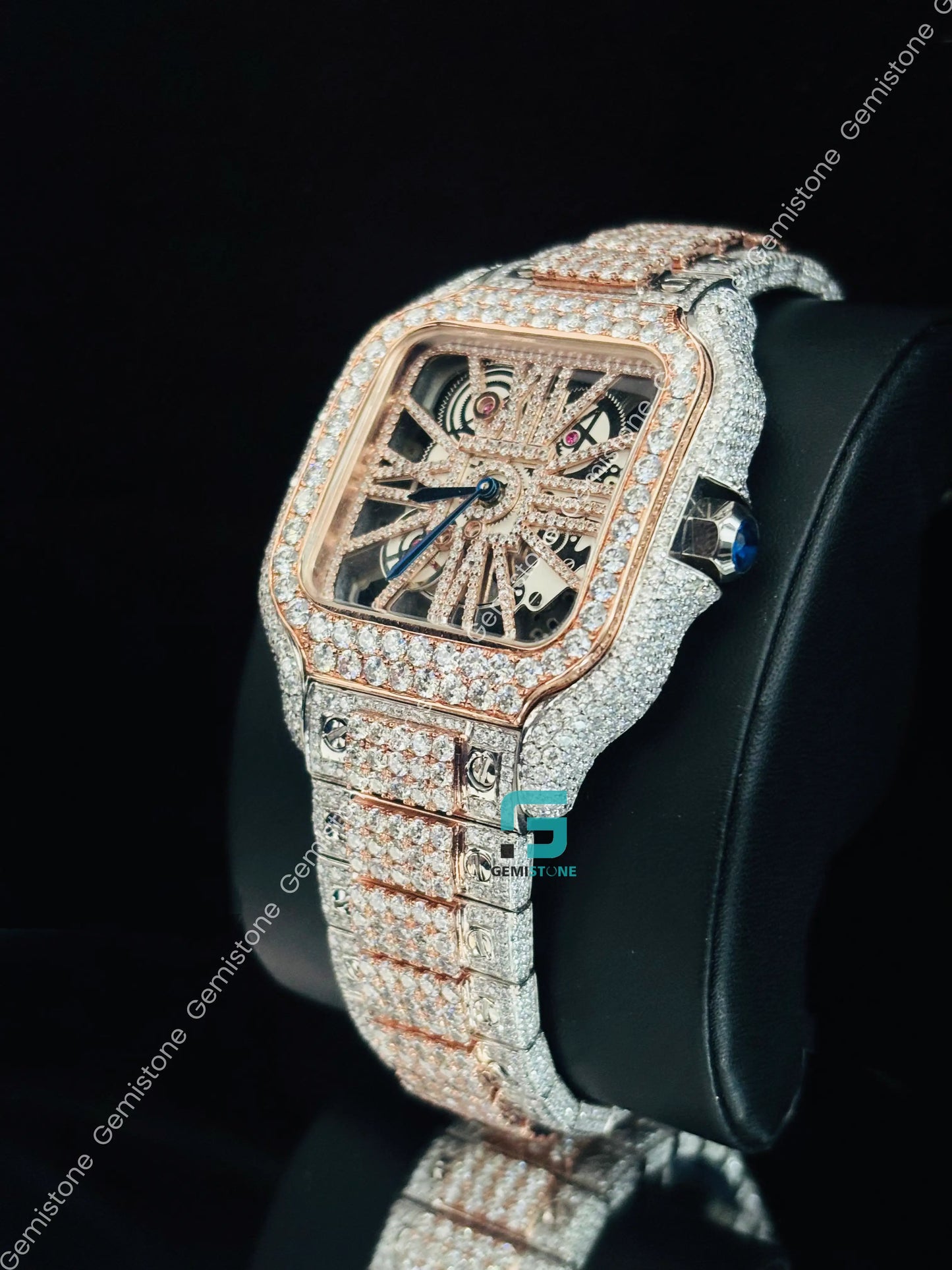 Rose Gold Palted Cartier Moissanite Watch