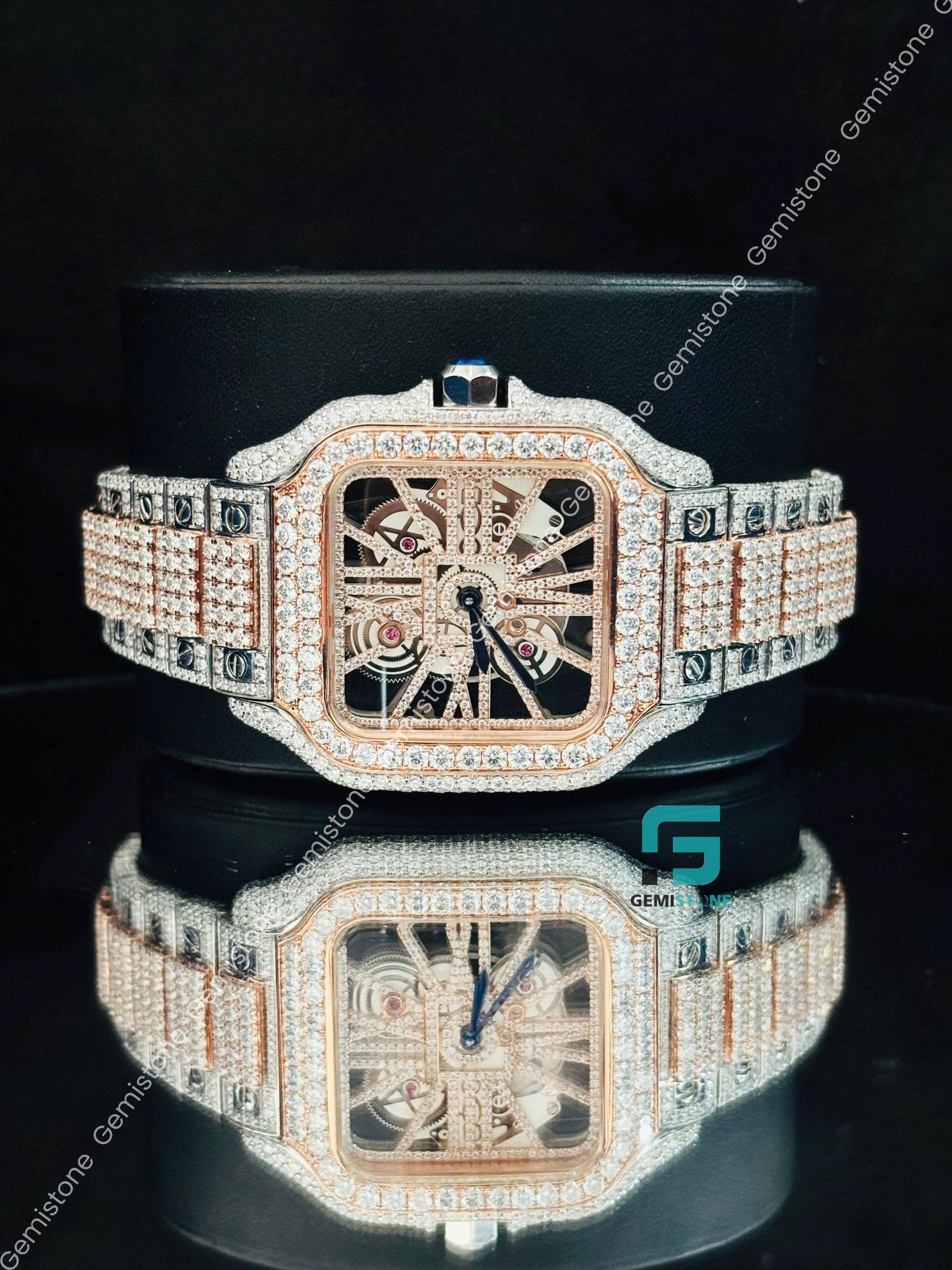 Rose Gold Palted Cartier Skeleton Dial Moissanite Watch