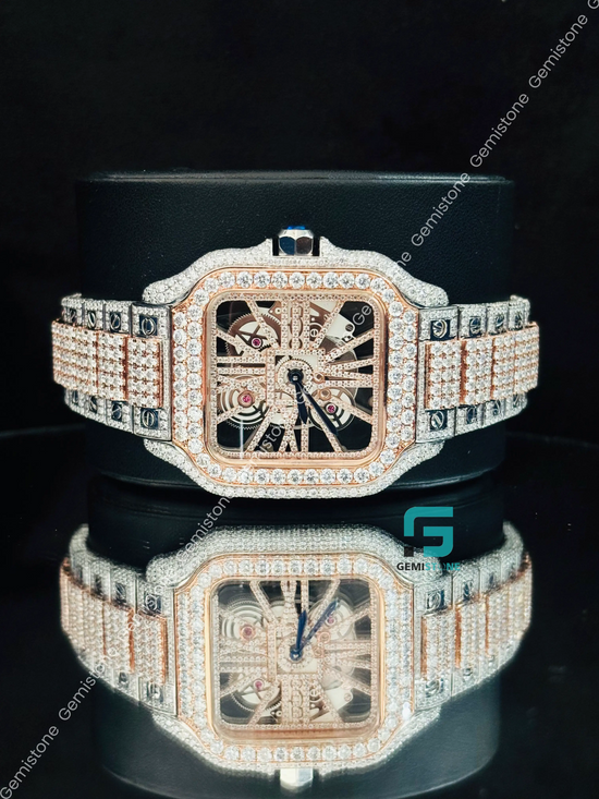 Rose Gold Palted Cartier Skeleton Dial Moissanite Watch