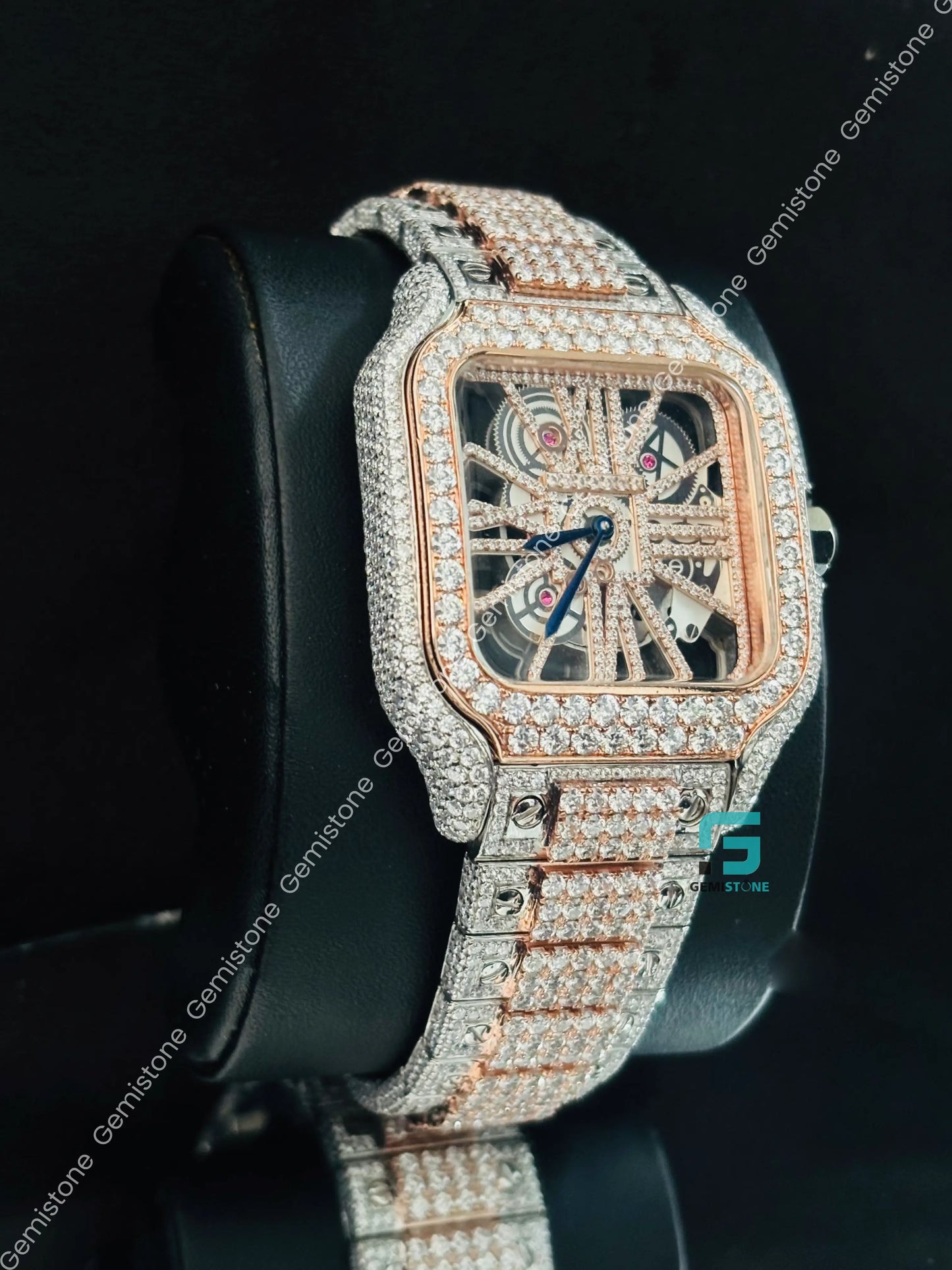 Rose Gold Palted Cartier Skeleton Dial Moissanite Watch for Men