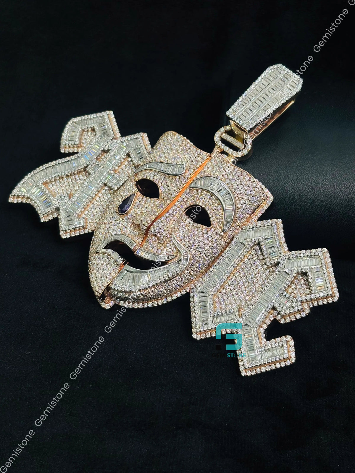 Rose Gold Plated Baguette Diamond Crying Face Moissanite Pendant For Men