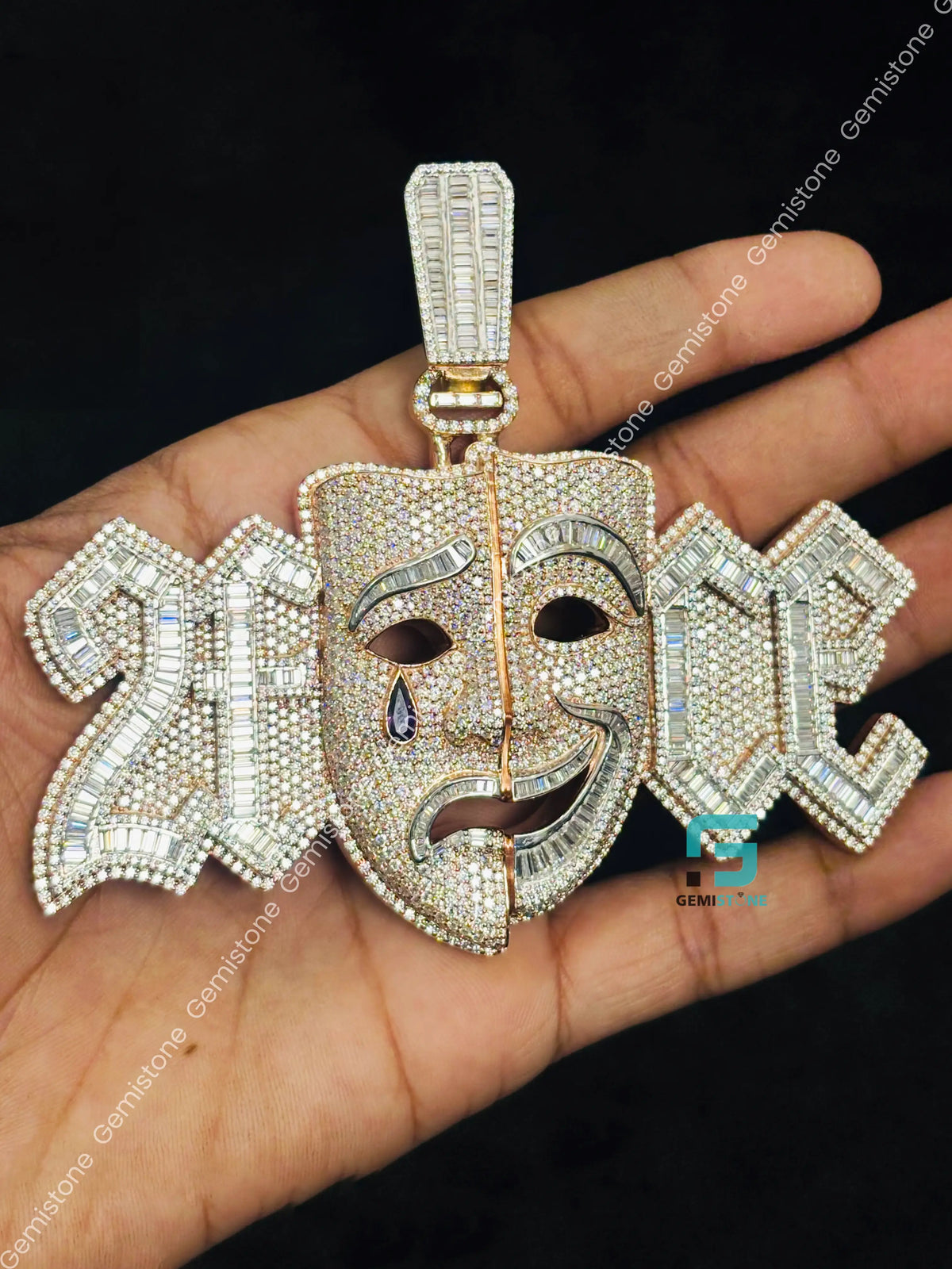 Rose Gold Plated Baguette and Round Diamond Crying Face Moissanite Pendant For Men
