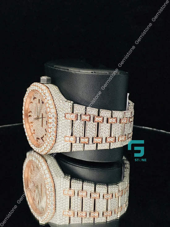 Mens 41MM Two Tone Arabic Number Fully Iced Out Moissanite Watch