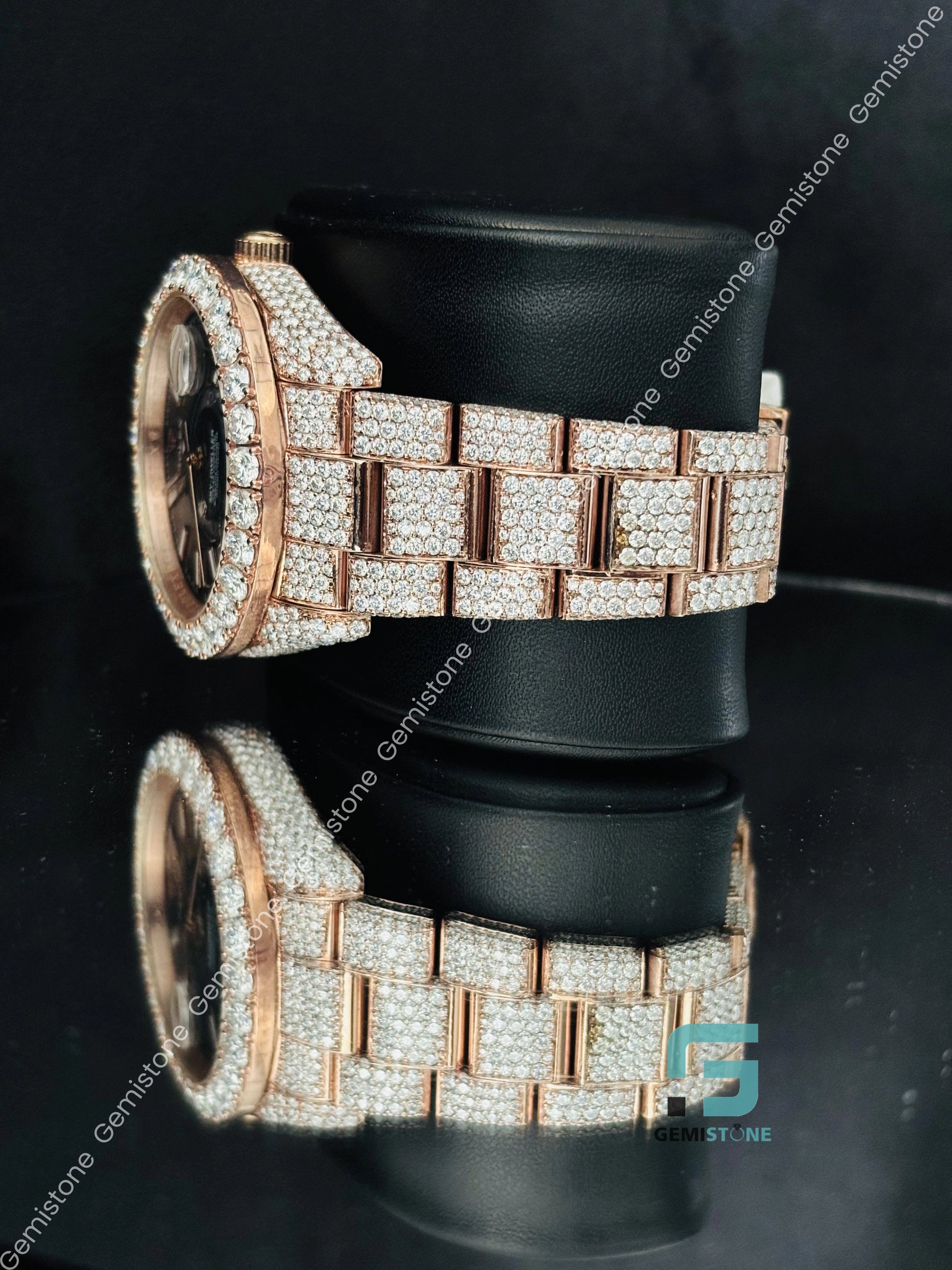 Rose Gold Plated Moissanite Black Dial Watch