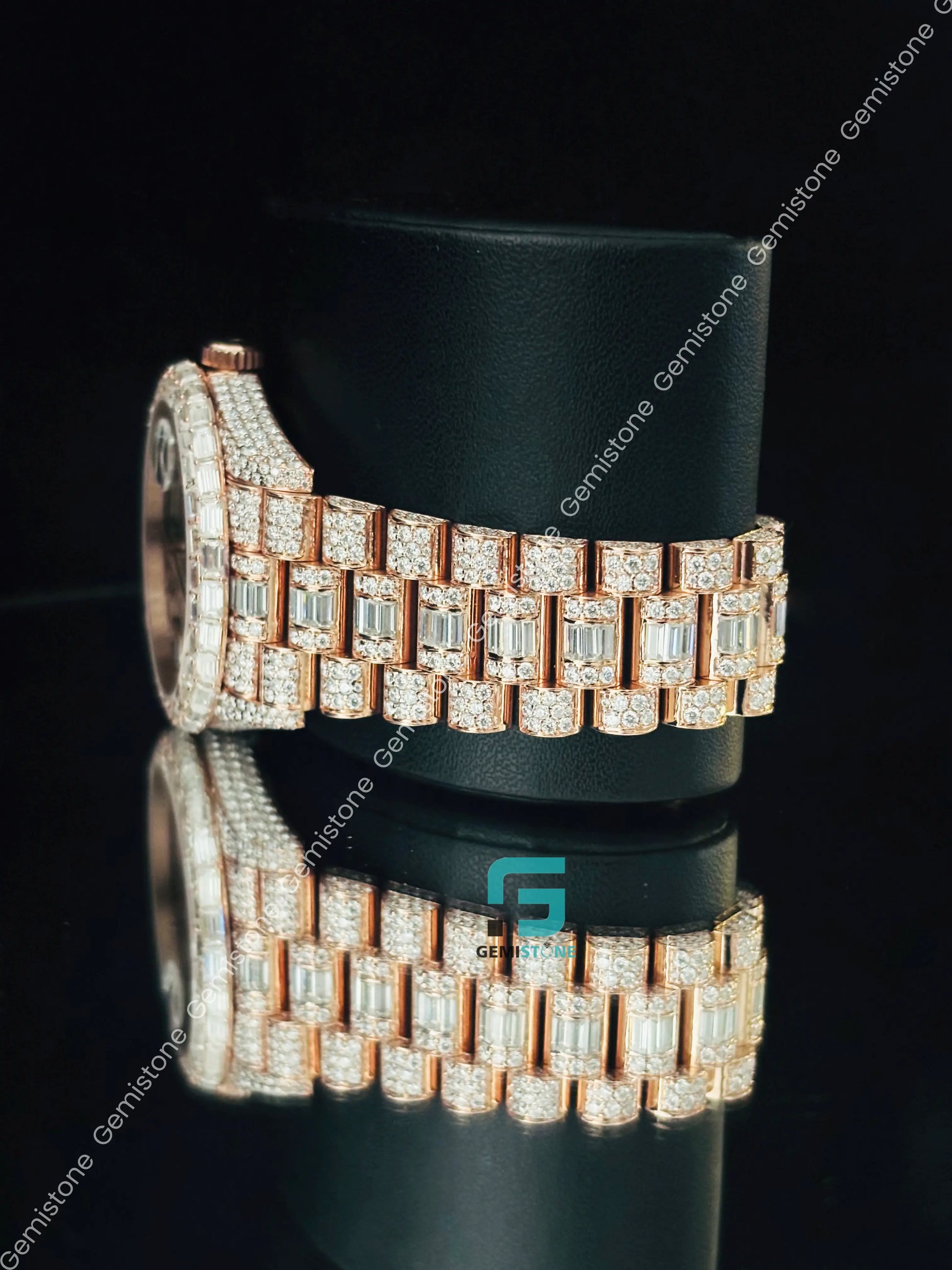 Rose Gold Plated Moissanite Hip Hop Baguette Watch For Men