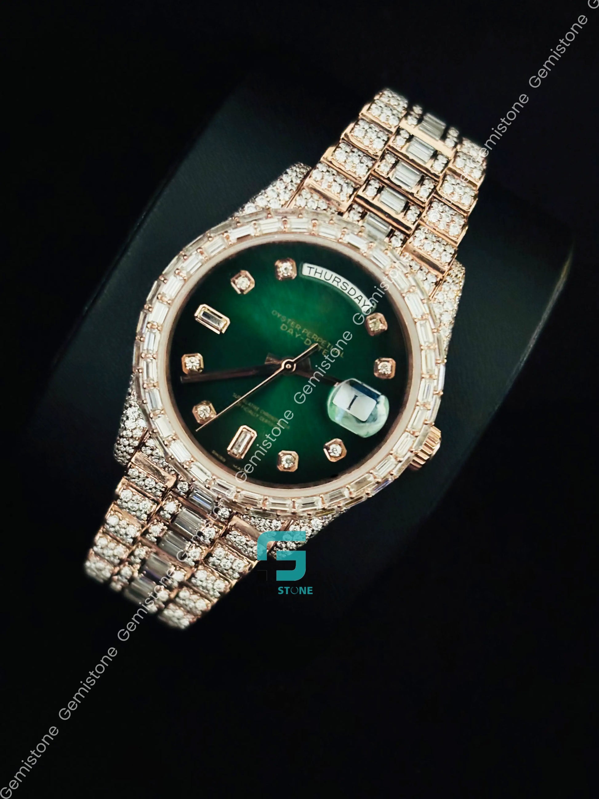 Rose Gold Plated Moissanite Iced Out Baguette Watch