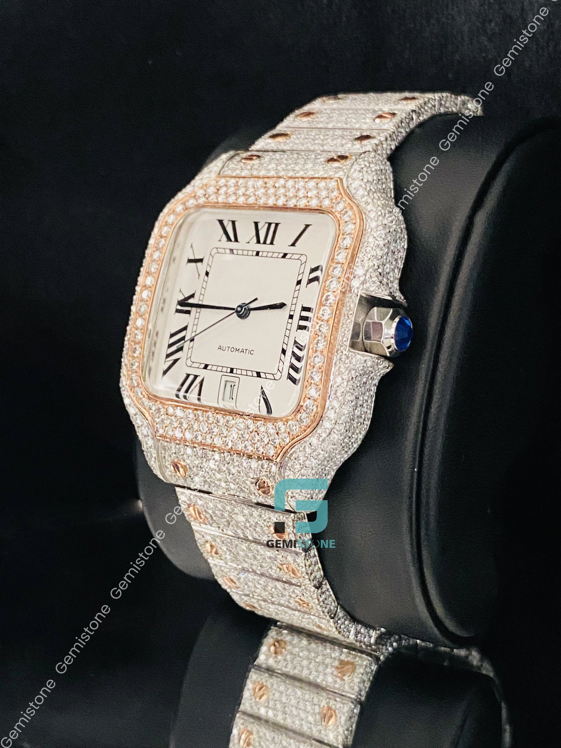 Rose Gold Plated Roman Number Hip Hop Cartier Moissanite Watch