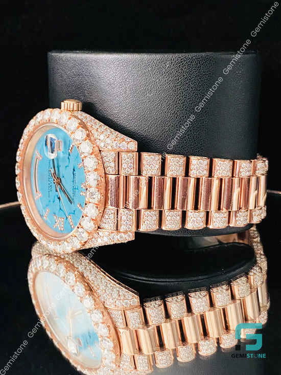 Rose_Gold_Plated_Turquosie_Dial_Moissanite_Watch_For_Men