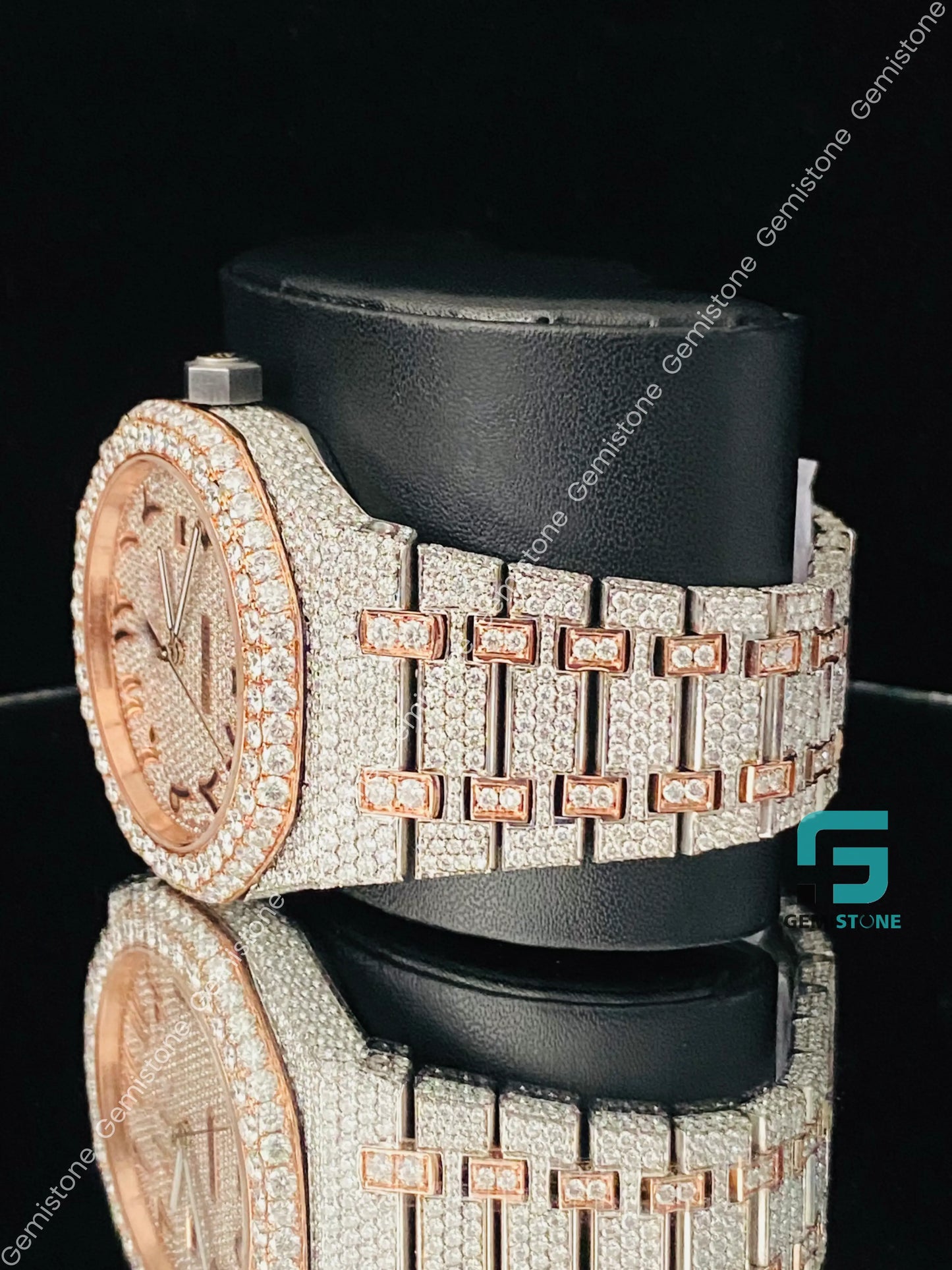 Mens 41MM Two Tone Arabic Number Fully Iced Out Moissanite Watch