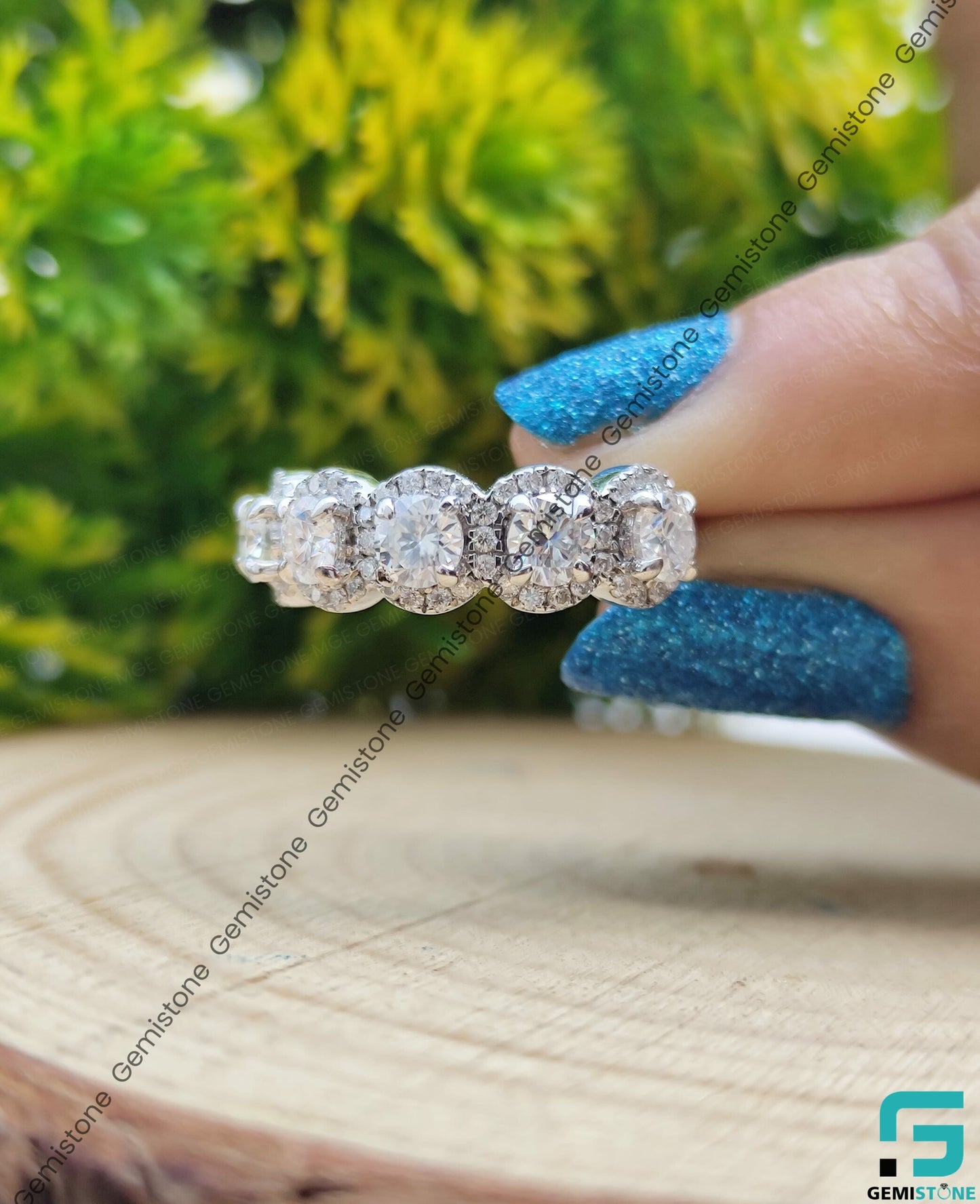 Half Eternity Round Cut Moissanite 5 Stone Halo Ring