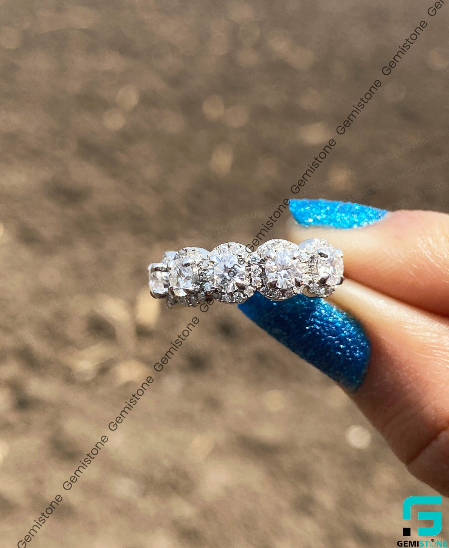 Half Eternity Round Cut Moissanite 5 Stone Halo Ring