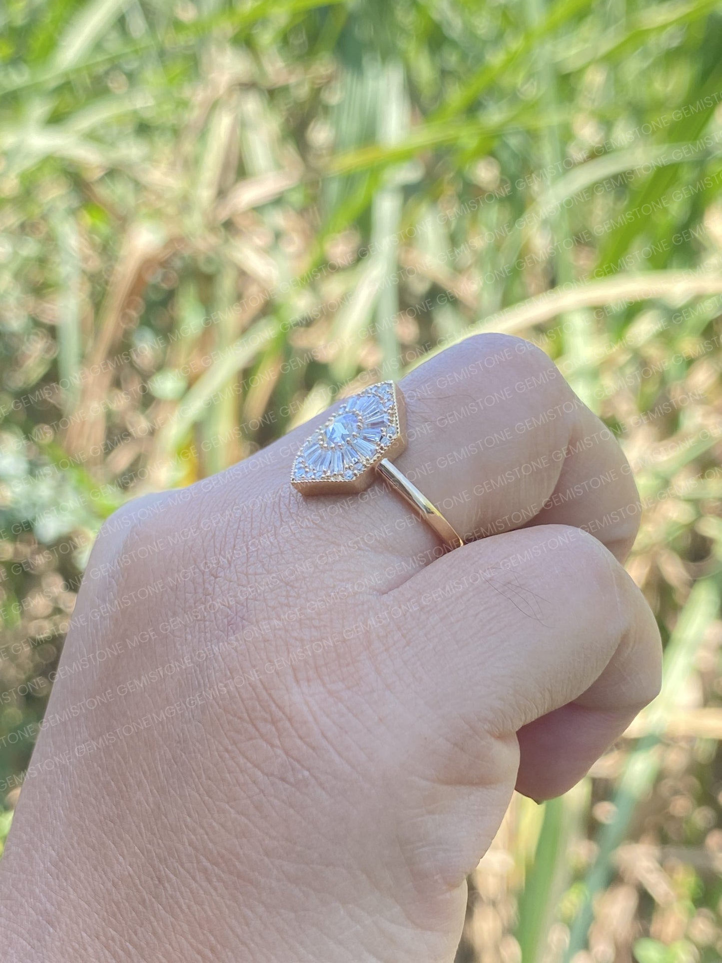 Hexagon Shape Round Rose Cut Moissanite Halo Vintage Engagement Ring
