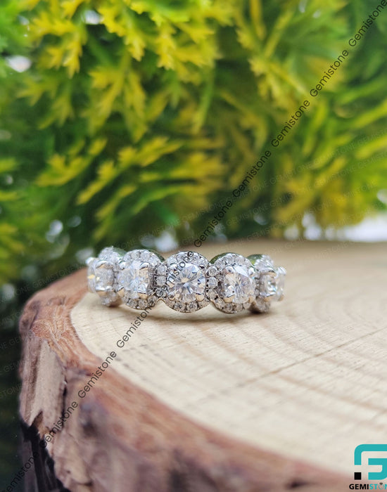 Half Eternity Round Cut Moissanite 5 Stone Halo Ring